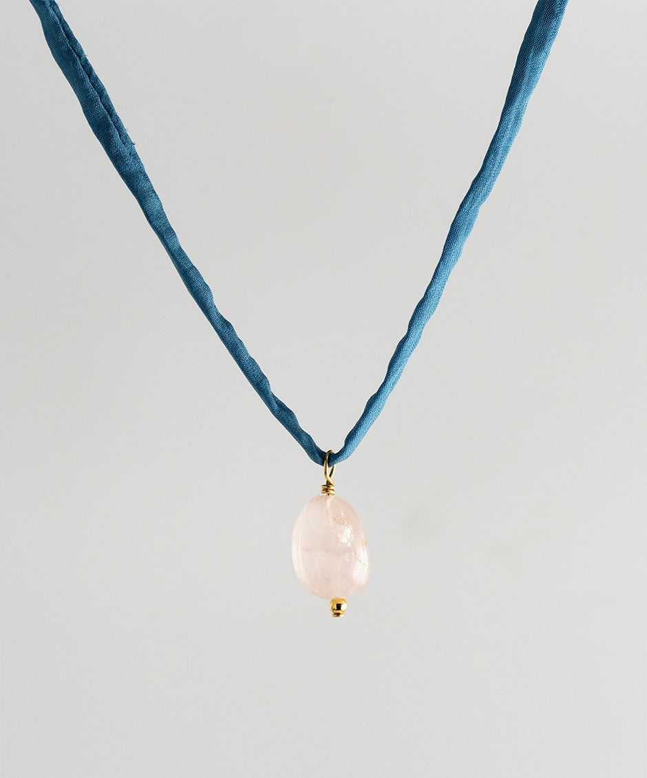 Agusan Pink Quartz Stone Necklace - Blue Silk Cord