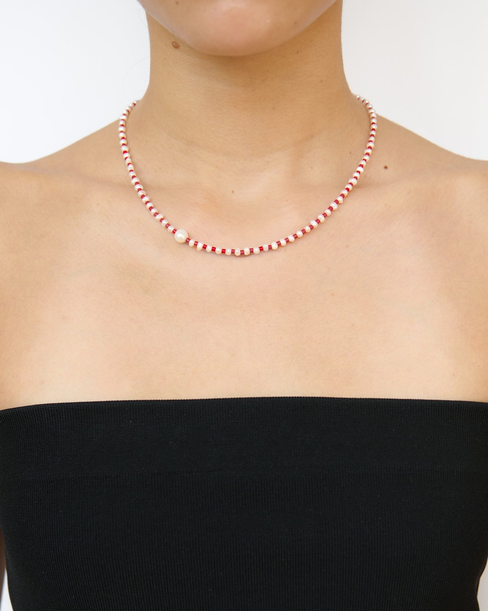 Batek Pearl and Crystal Necklace - Red