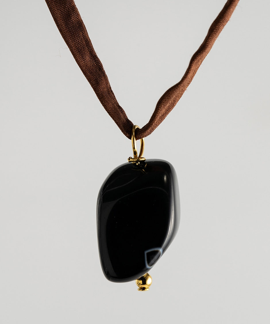 Onyx Stone Necklace - Brown Silk Cord