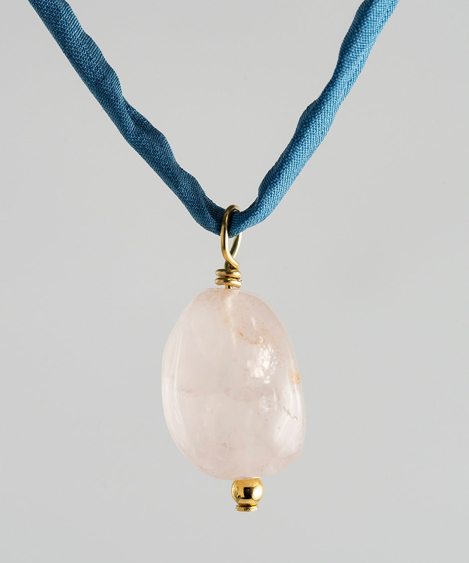 Agusan Pink Quartz Stone Necklace - Blue Silk Cord