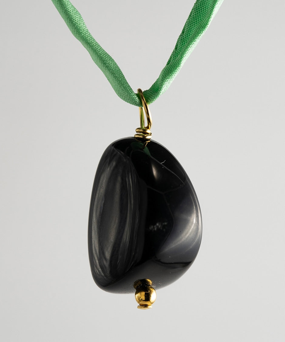 Onyx Stone Necklace - Aqua Green Silk Cord