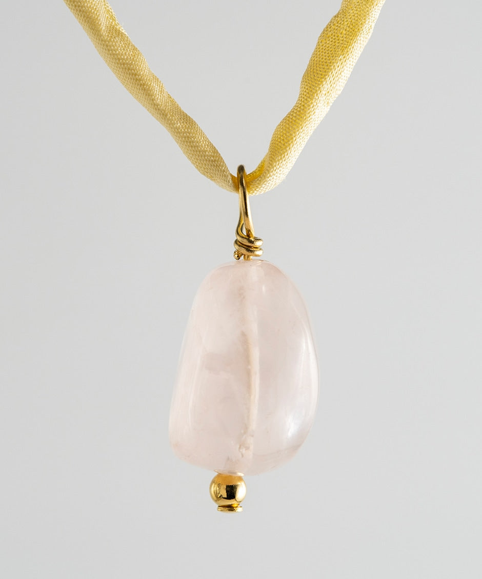 Pink Quartz Stone Necklace - Yellow Silk Cord