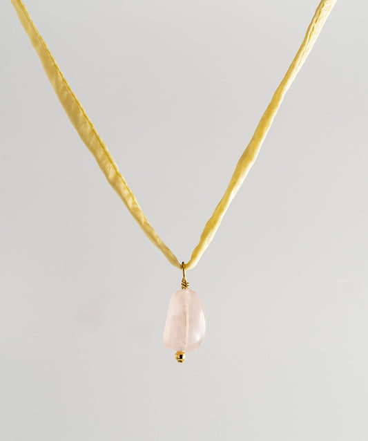 Agusan Pink Quartz Stone Necklace - Yellow Silk Cord