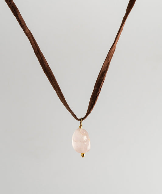 Agusan Pink Quartz Necklace - Brown Silk Cord