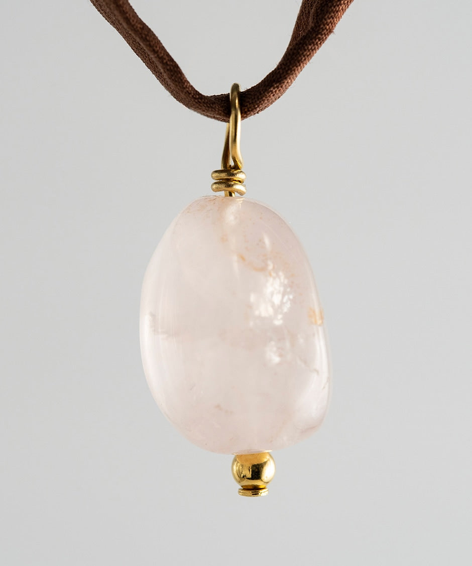 Pink Quartz Stone Necklace - Brown Silk Cord