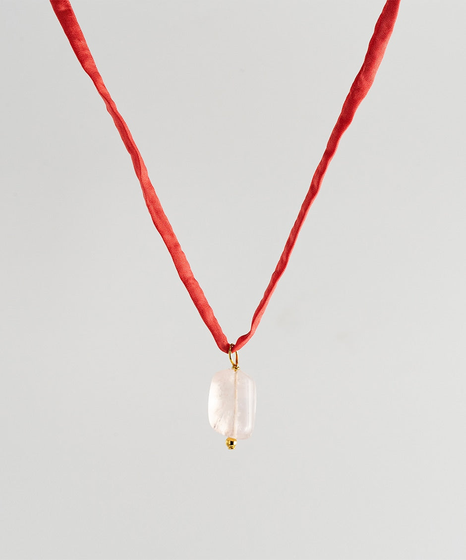 Agusan Pink Quartz Stone Necklace - Red Silk Cord